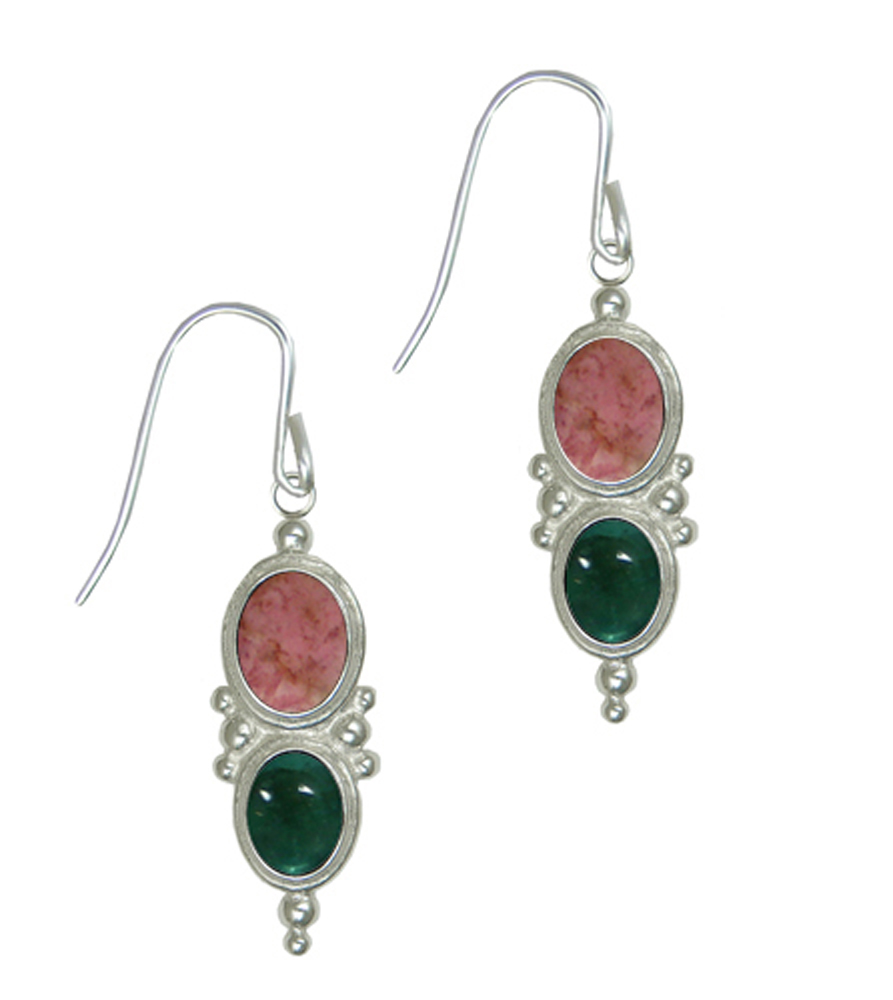 Sterling Silver Drop Dangle Earrings With Rhodonite And Fluorite